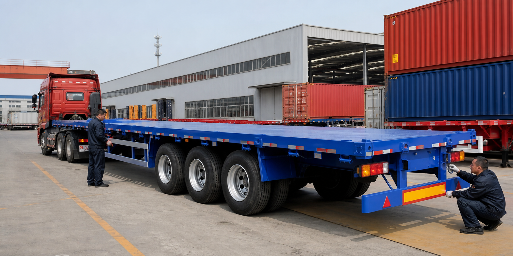 Chinese semi-trailer factory loading a flatbed semi-trailer for shipment to Nigeria