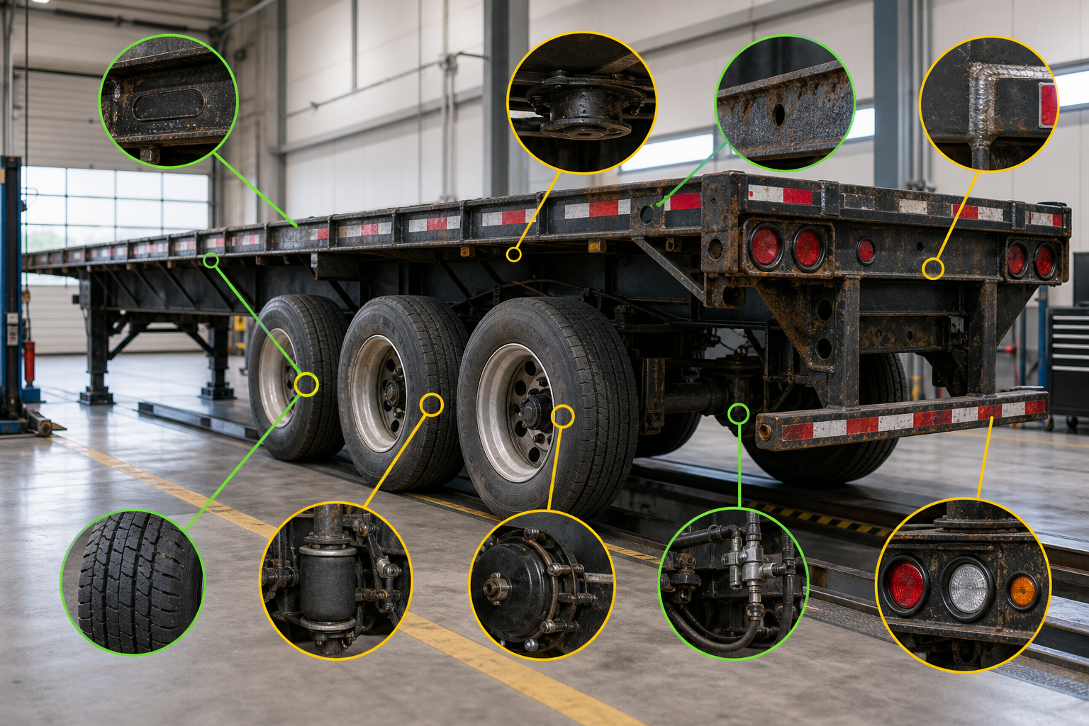 Used flatbed and lowbed trailer inspection checklist showing chassis number, axle, suspension, brake, tire, rust and frame weld points