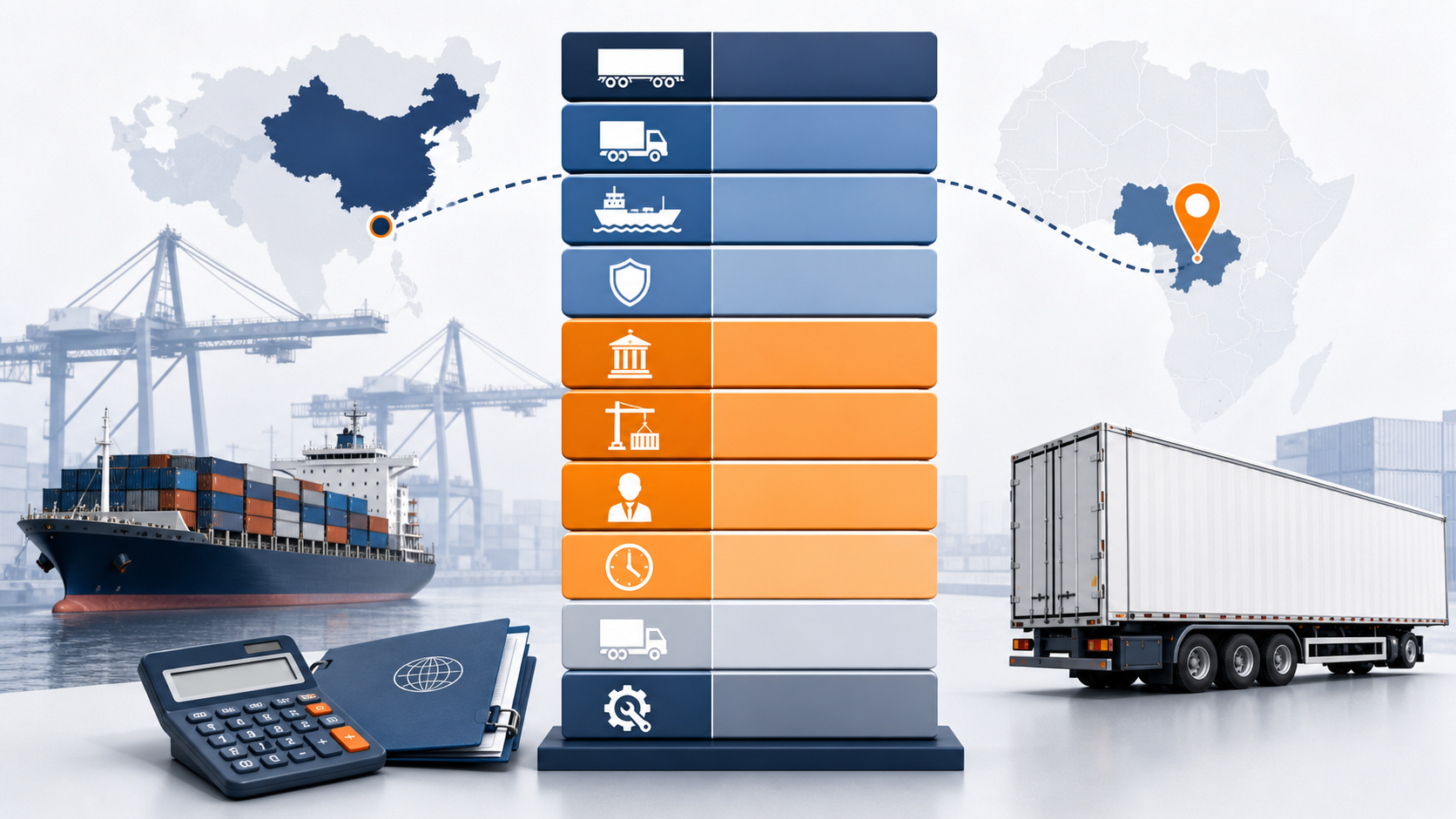 Landed cost stack for importing semi-trailer from China to Nigeria including freight duty terminal clearance and inland delivery