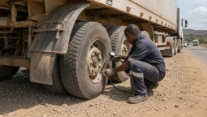 Semi-trailer tire pressure check on a rough African roadside route