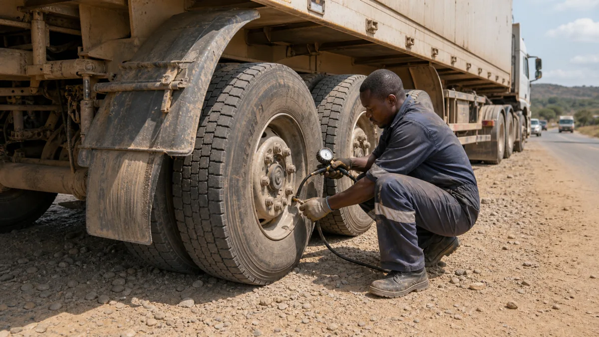 Semi-trailer tire pressure check on a rough African roadside route