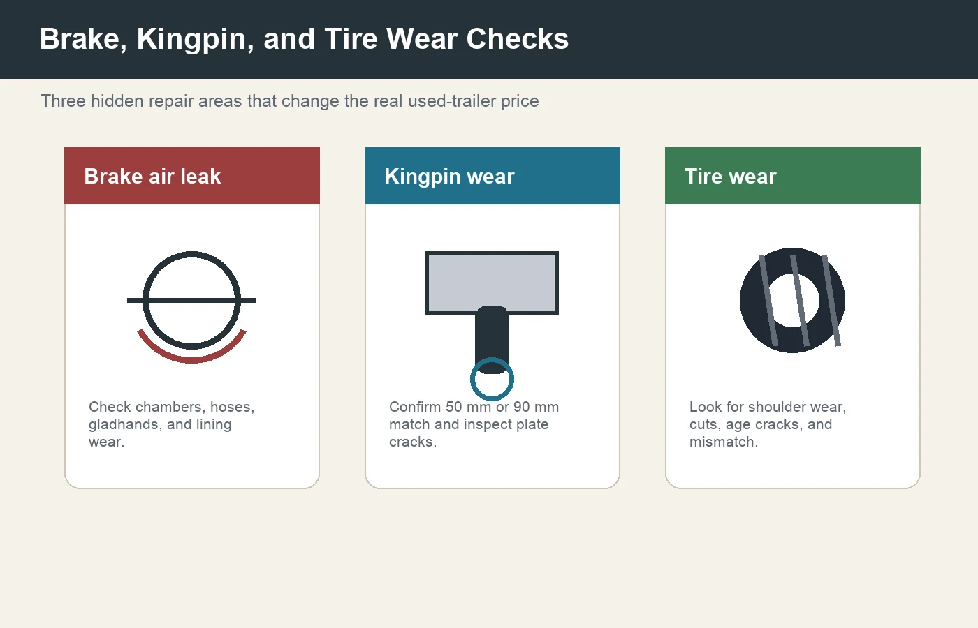Brake kingpin and tire wear inspection on used semi-trailer