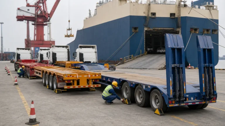 Semi-trailer waiting at a Chinese port yard before ocean shipment to Africa