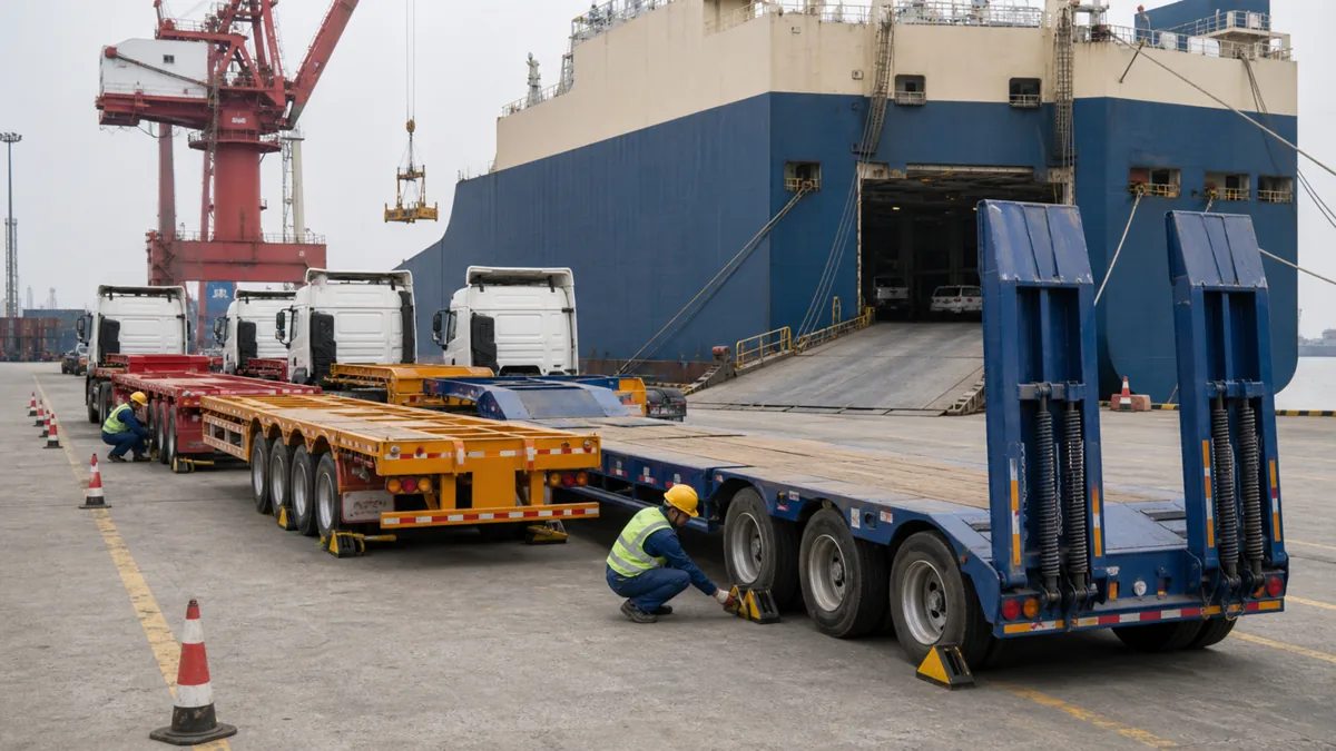 Semi-trailer waiting at a Chinese port yard before ocean shipment to Africa