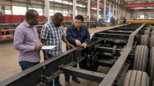 African buyers inspecting a Chinese semi-trailer factory yard before purchase