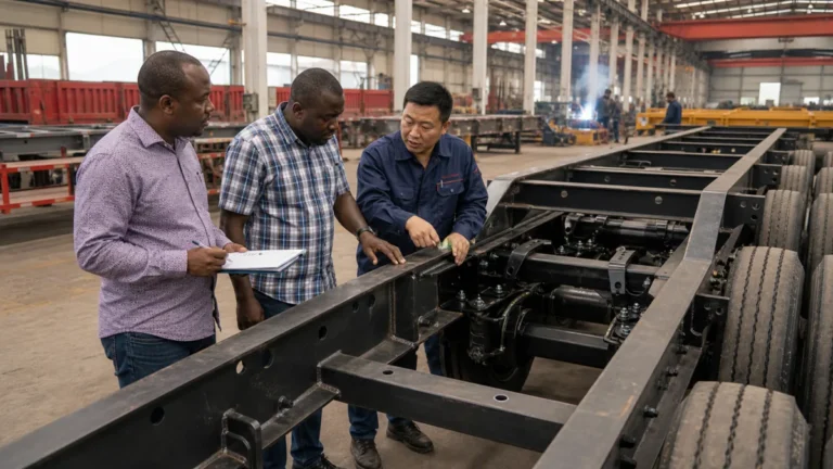 African buyers inspecting a Chinese semi-trailer factory yard before purchase