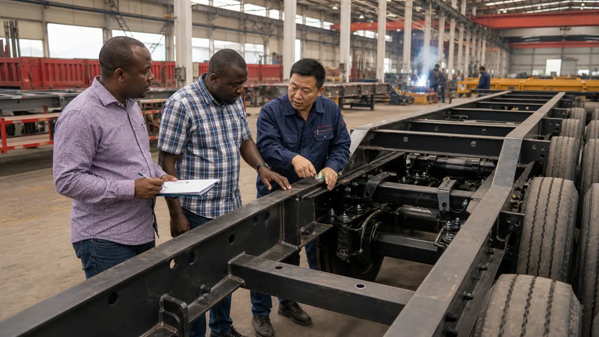 African buyers inspecting a Chinese semi-trailer factory yard before purchase