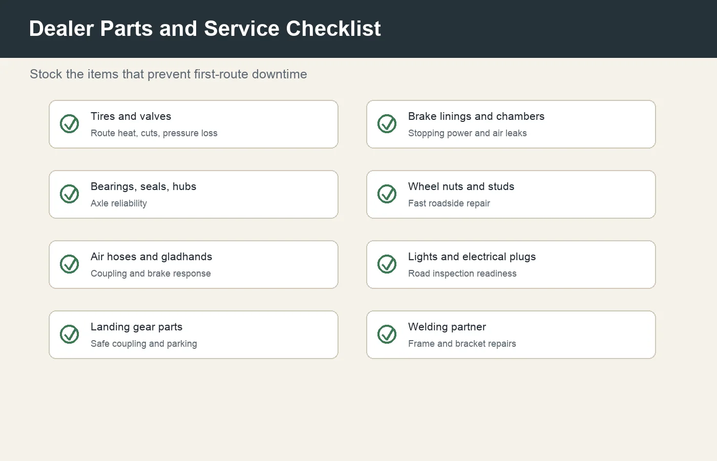Dealer parts and service checklist for trailer after-sales