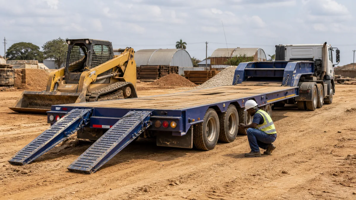 Drop deck trailer loading inspection for construction machinery