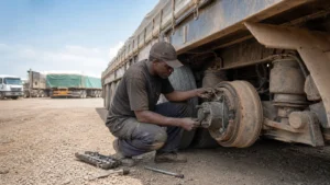 Fleet trailer ABS brake inspection in a dusty African transport yard