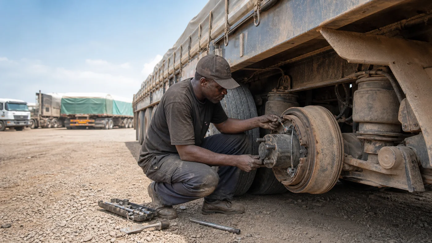 Fleet trailer ABS brake inspection in a dusty African transport yard