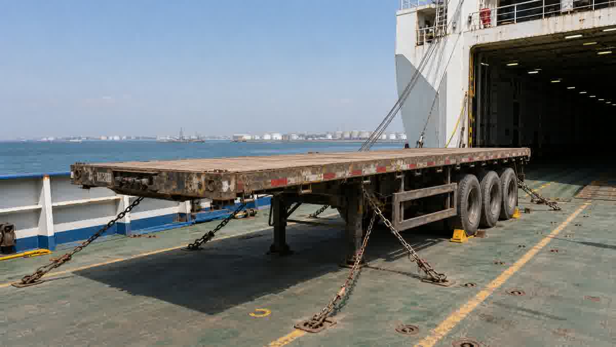 Used flatbed semi-trailer secured on a roll-on roll-off ship deck for CIF and FOB trailer shipping to Africa with no people visible
