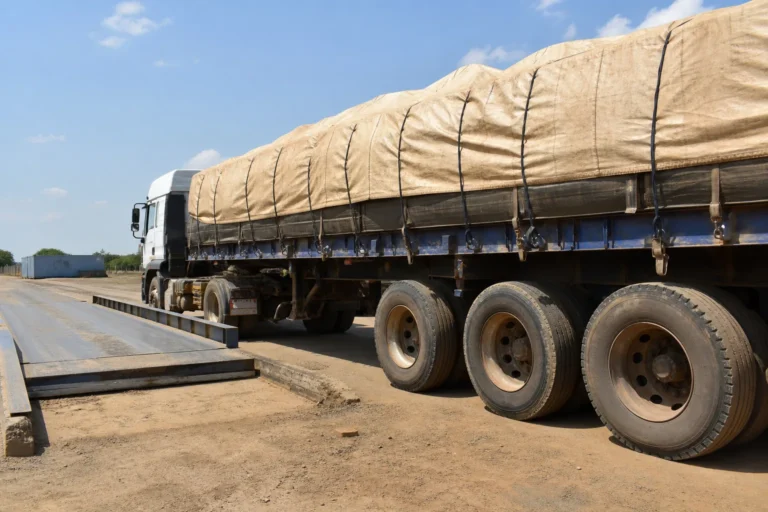 Loaded semi trailer at a weighbridge in an African transport yard