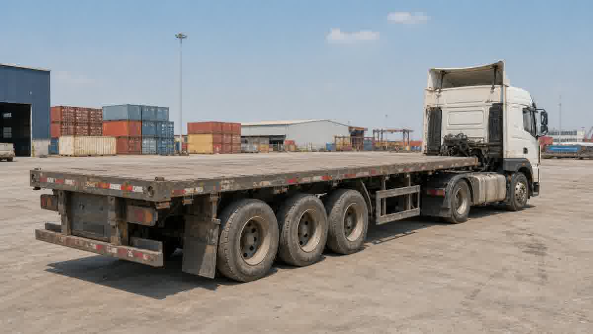 Used flatbed semi-trailer in an Angola import logistics yard with no people visible
