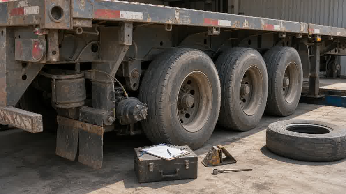 Used semi-trailer axle suspension and tire inspection details with no people visible