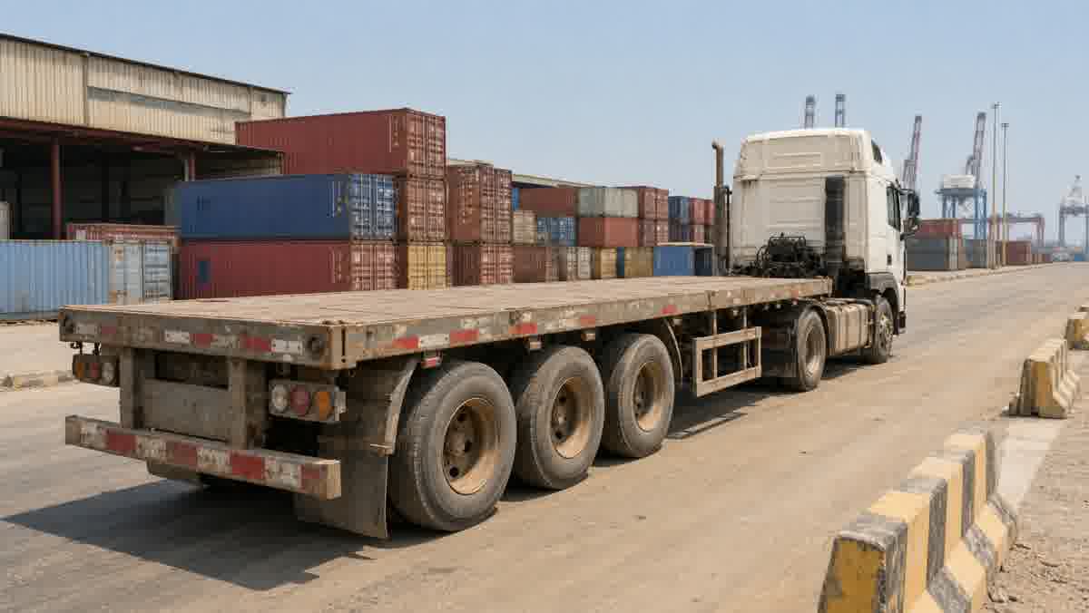 Used flatbed semi-trailer in a port logistics yard with no people visible