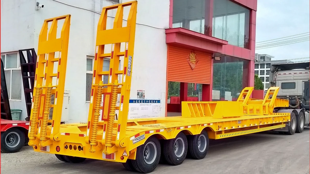 Real lowbed trailer ramp and running gear structure check