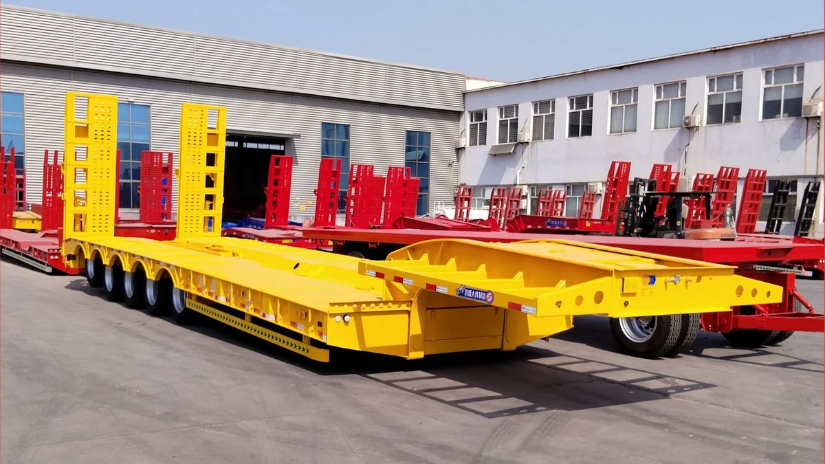 Real lowbed semi-trailer yard check before tropical route service
