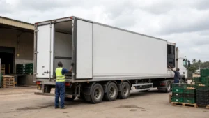 Refrigerated semi-trailer prepared for cold-chain delivery in an African logistics yard