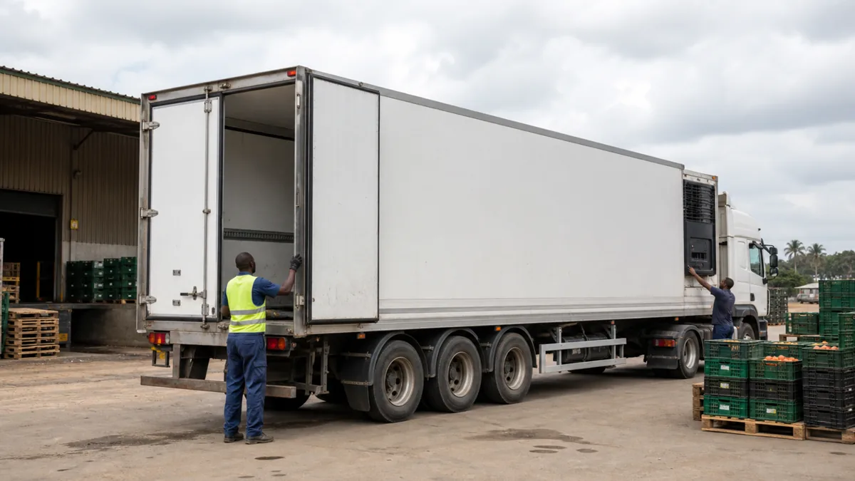 Refrigerated semi-trailer prepared for cold-chain delivery in an African logistics yard