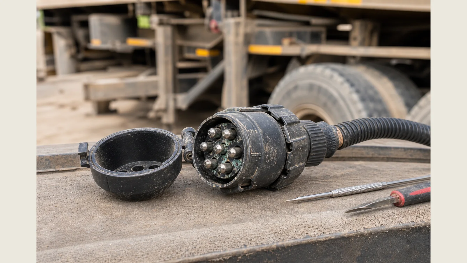 Semi trailer 7-way plug corrosion check in a dusty yard