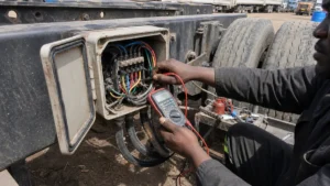 Semi trailer junction box wiring inspection in an African trailer yard