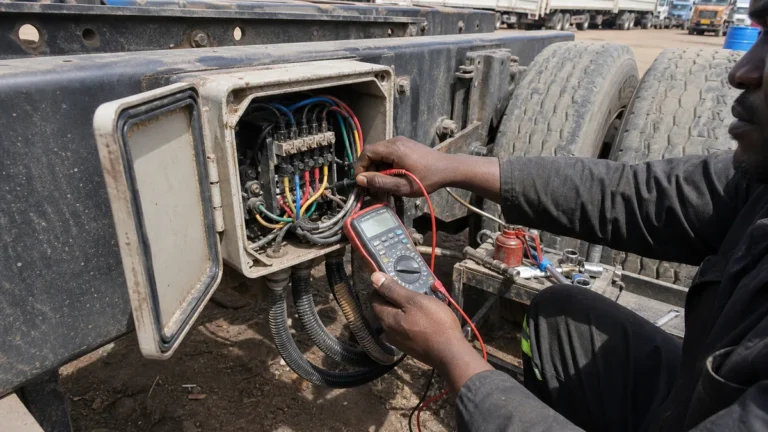 Semi trailer junction box wiring inspection in an African trailer yard
