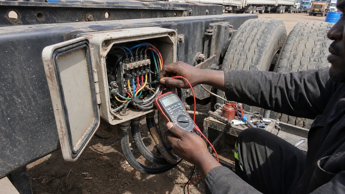 Semi trailer junction box wiring inspection in an African trailer yard