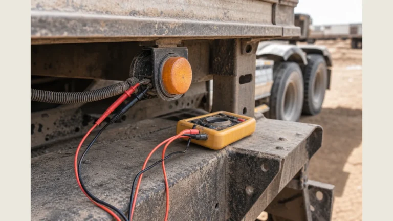 Semi trailer marker light wiring check with a multimeter in an African yard