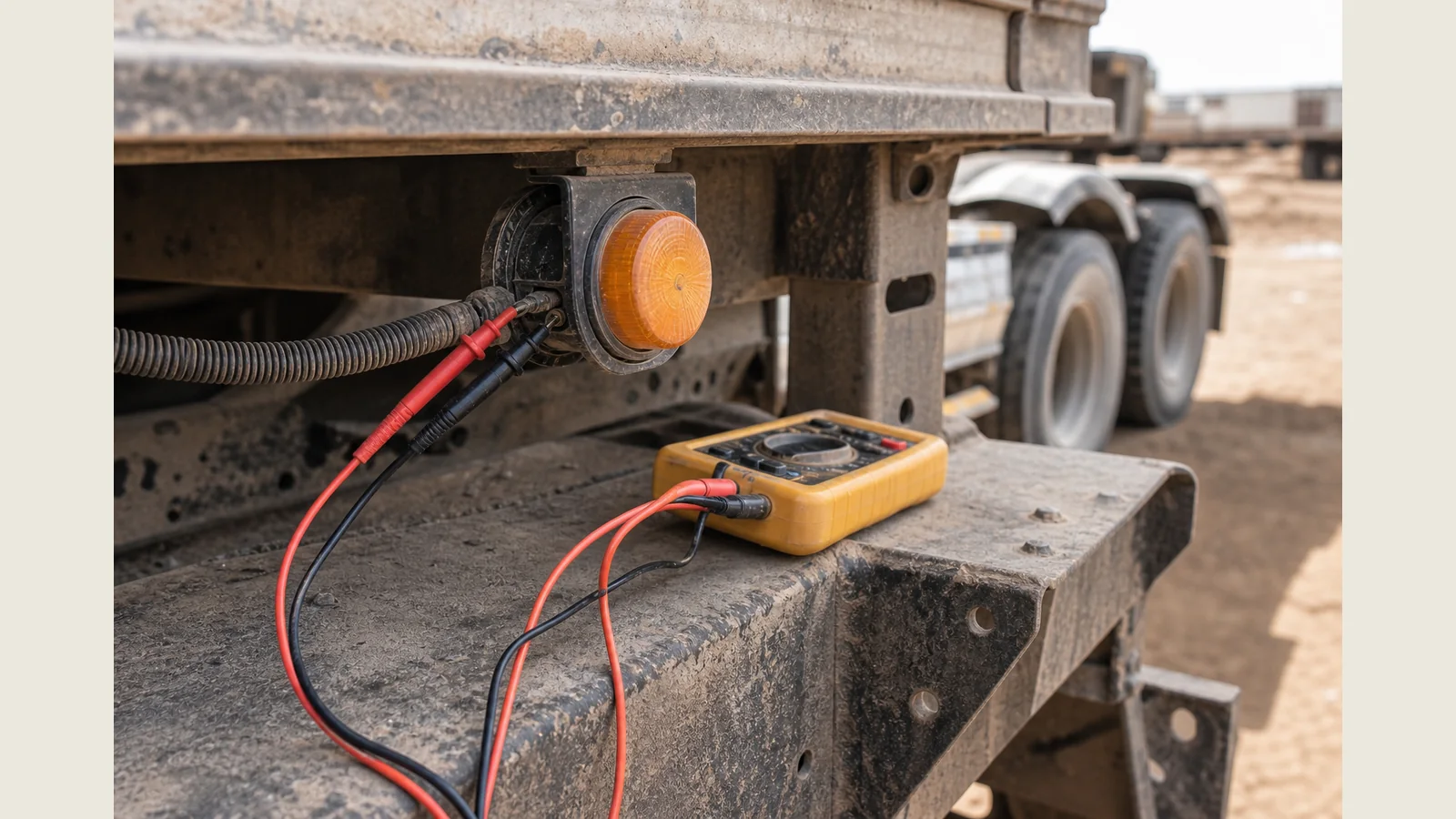 Semi trailer marker light wiring check with a multimeter in an African yard