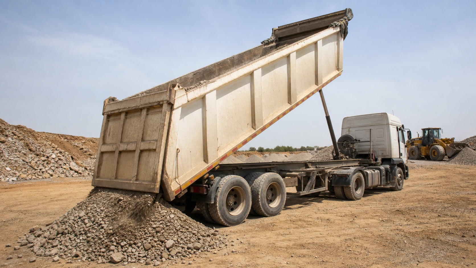 Tipper semi-trailer unloading gravel at an African construction site