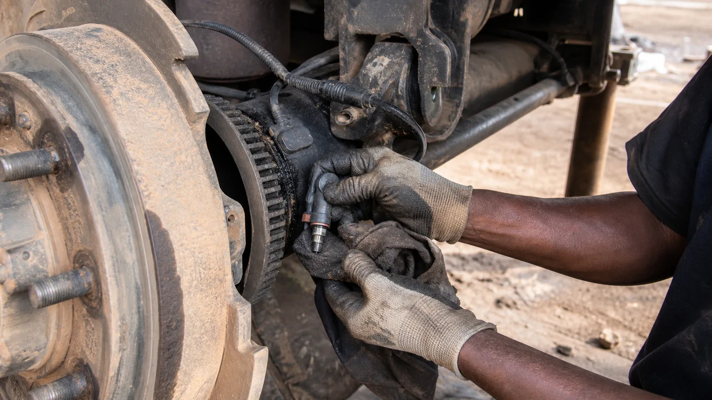 Trailer ABS wheel speed sensor service near the tone ring