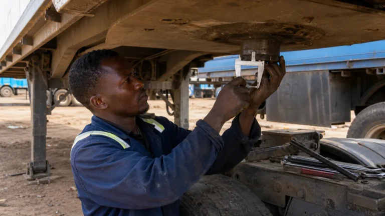 Mechanic measuring a trailer kingpin in an African semi-trailer yard