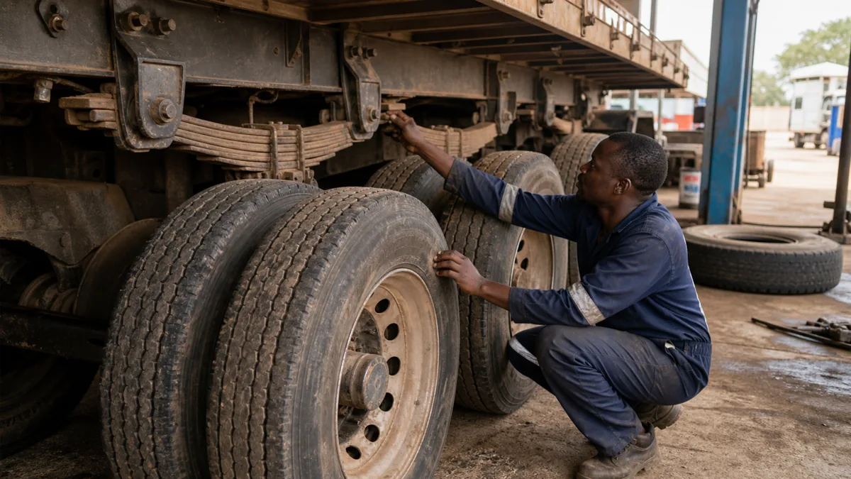 Trailer tire wear and suspension inspection in an African fleet workshop