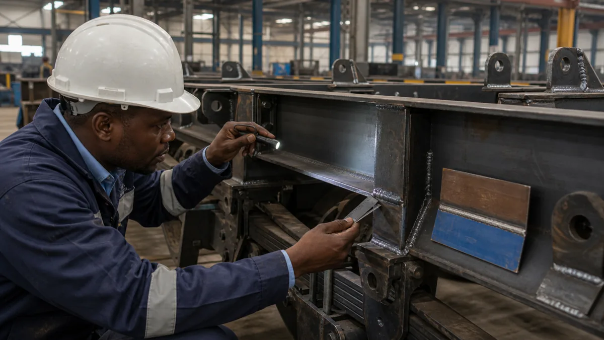 Semi-trailer frame welding quality inspection in a factory workshop