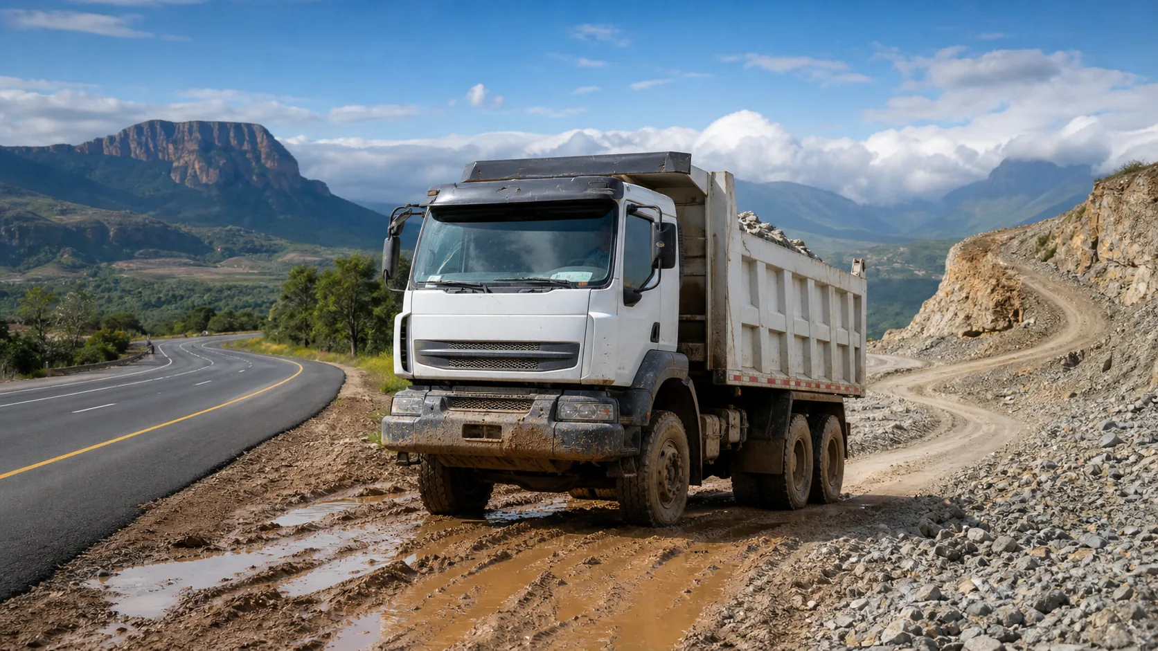 Used tipper truck working on African paved road, quarry road, muddy road, and mountain route