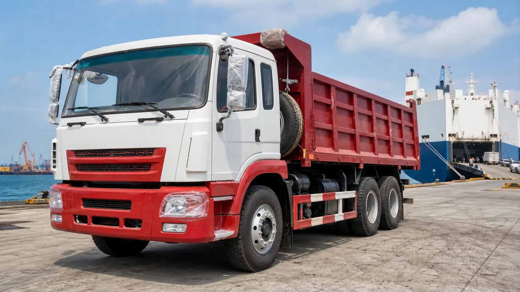 Used tipper truck prepared with mirror wrapping and light protection before ocean shipping