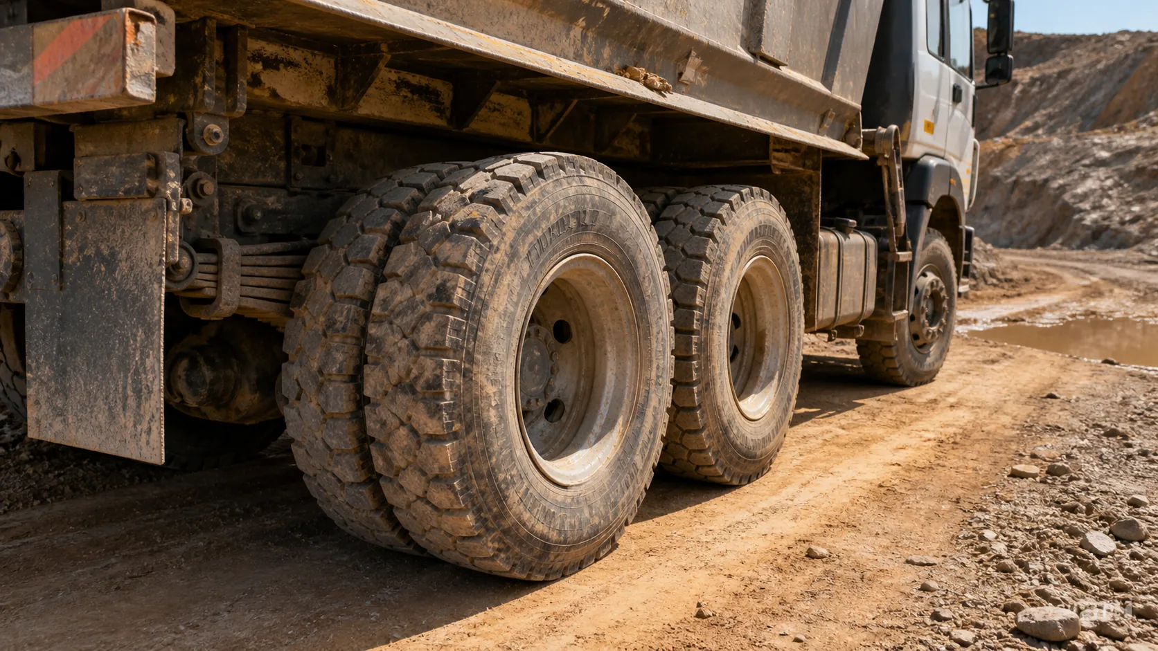 Heavy-duty rear tyres on a used tipper truck for hot quarry and construction roads