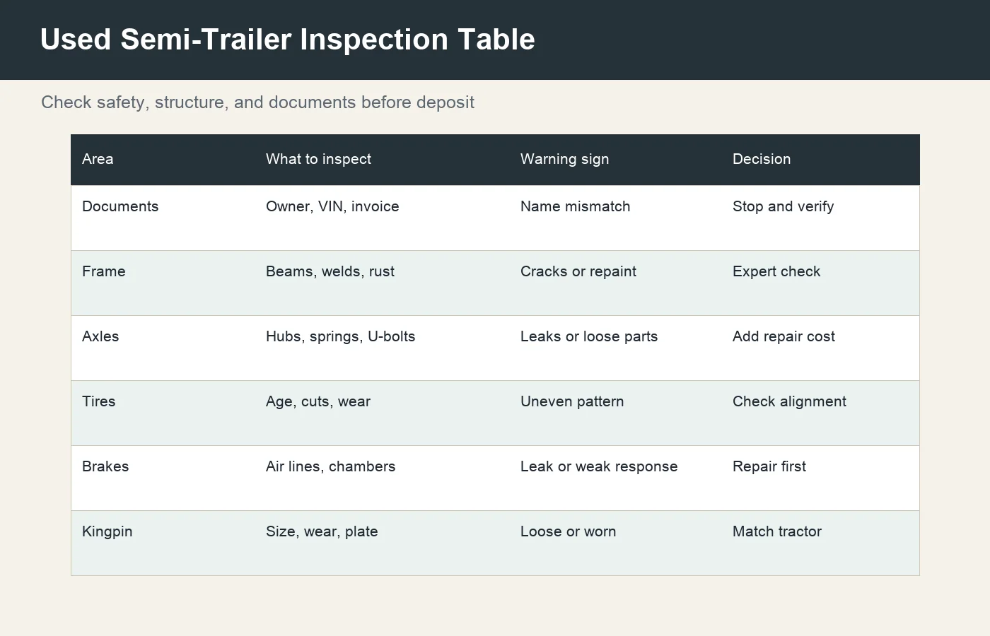 Used semi-trailer inspection checklist table for buyers